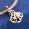 Rose Gold Plated Metal Pink Fan Dangle Charm Bead Passar European Pandora Style Smycken Armband