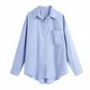 Camicia in popeline a righe oversize blu Donna Estate Casual Bottoni Camicie da donna Manica lunga Orlo asimmetrico Tasche da donna 210430