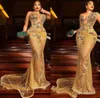Plus Size Arabic Aso Ebi Gold Luxurious Mermaid Prom Dresses Lace Beaded Sheer Neck Evening Formal Party Second Reception Gowns Dress ZJ704