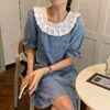 Nomikum Lace Ruffle Patchwork Jeans Dresses for Women Puff Short Sleeve Demin Dress Causal Korean Sweet Vestido De Mujer 6G223 210427