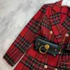 Free Women's Red Plaid Blazer Dress OL Style Fashion Lapel Double Breasted Belt Waist Bag 210524