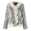Natural Knitted Rabbit Fur Vest With fox raccoon Collar long sleeve fur coat with tassel customized overcoat large size 211122
