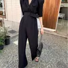 Sommar Elegant Kortärmad Brett Ben Rompers Overells Casual Fashion Notched Long Jumpsuits Kvinna Kontor Arbeta Solida Playsuits 210519