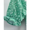 VUWWYV Kleider für Frauen Chic Green Print Rüschen Geraffte Midi Frau Kleid Sommer Kurze Puff Sleeve Vordere Krawatte Vestidos 210430