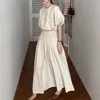 Korea Sommar Elegant Kvinnor 2 Piece Set Puff Short Sleeve Shirt Top + High Waist Long Kjol Suit 210519