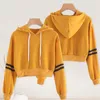 Kvinnors Fashion Sweatshirt Kvinnor Varsity-Striped Drawstring Crop Hoodie Sweatshirt Jumper Crop Pullover Tops Drop 210522