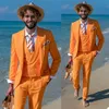 Fashion Summer Orange Mens Customized Wedding Tuxedos Peaked Lapel Groom Wear Dinner Prom Party Blazer (Jacket+Vest+Pants)