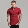 Przylotów lato mężczyzna krótki rękaw koszulka solidna fitness mężczyzna stojak kołnierz super slim fit business dress shirt button siłownia topy 210708