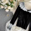 Lady Fashion Lace V Collar Retro Velvet Tops Women's Long Sleeve Clothes Blouses Harajuku Vintage Blouse P989 210527