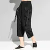 [eam] 캐주얼 큰 포켓 높은 탄성 허리 하렘 바지 새로운 느슨한 송아지 바지 여성 패션 조류 여름 2021 1DD7608 Q0801