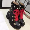 Designers Women Boots Embroidery Leather Shoes Heel Height 6CM Lace Up Martin Boot with Removable Anklestrap Bee Star Flamingos Love Arrow Shoe Size 35-40