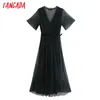 Tangada mode femmes solide noir plissé maille robe à manches courtes avec ceinture dames élégante robe midi vestidos CE697 210322
