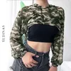 Yedinas Camouflageクロップトップレディーススルーメッシュシアートップスセクシーな長袖フード付きTシャツY2Kネクタイトストリートウェアスプリング210527