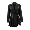 Automne dames Blazer mode noir à manches longues ceintures au-dessus du genou col rabattu robe plissée costume QB668 210510