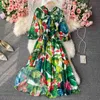 Summer Bowknot High Waist Printed Puff Sleeve Chiffon Dress Fairy Floating Long Dress 210709