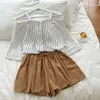 2021 New Fashion Women's Two Piece Set Fresh Striped Off-Axel Loose Blosue Top + Elastic Waist Shorts Suit X0428