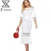 Women Dress Puff Sleeve Lace Patchwork Bandage Sexy Dresses Hollow Out Vintage White Plus Size Fashion 210513