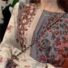 Französische Eleganz Vintage Floral Bedrucktes Langes Kleid Herbst Elegante O-Ausschnitt Spitze-Up Vestidos Weibliche Langarm A-Linie Maxi Kleider 210619