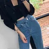 Mode Split Bootleg Jeans für Frau Hohe Taille Elastische Koreanische Denim Hosen Weibliche Dünne Breite Bein Hosen Frau Blau Boden 210616