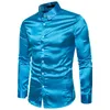 Mäns Silk Satin Party Shirts Manlig Slim Fit Långärmad Fast Färg Glänsande Nattklubb Bröllopskjorta 10 färger S-2XL Casual