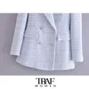 TRAF Za Femmes Mode Double Boutonnage Tweed Vérifier Blazer Manteau Vintage À Manches Longues Poches Femme Survêtement Chic Veste 211006
