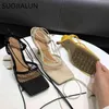 Suojialun Hollow Ademend Mesh Vrouwen Sandalen Vierkante Teen Stiletto Hoge Hakken Pumps Enkel Veterschoenen Elegante Jurk Schoenen 220119