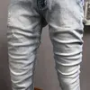 Italiensk stil mode män jesns retro ljusgrå blå elastisk bomull smal passform rippade jeans för vintage designer denim byxor