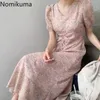 Nomikuma robe femme rosa floral impresso vestido mulheres v pescoço manga curta chegada vestidos de verão vestidos coreanos vestidos mujer 210514