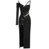 Hochwertiges schwarzes, langärmliges, schulterfreies Rayon-Verbandkleid, Cocktailparty, figurbetontes Kleid 210729230l