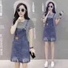 Metalowa klamra Regulowany Pasek Dżinsy Sukienka Koreański A-Line Luźne Denim Krótkie kieszenie Sundress Casual Kombinezony ES 210604