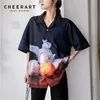 Cuban Collar Graphic Print Hawaiian Shirt Women Short Sleeve Summer Top Button Up Loose Holiday Clothing 210427