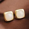 Stud Silver Inlaid Natural An White Jade Square Earrings Chinese Style Retro Unique Ancient Gold Craft Women's Brand Jewelry