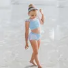 90-140CM girls two piece swimwear kids swimsuit princess style beachwear crop vest tops and shorts mini skirt swim beach clothing set color matching G609WAN