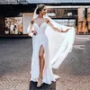 Modest Off the shoulder Boho Country Wedding Dress 2022 Bridal Gown Long Sleeves Poet Illusion High Slit Ruched Open Back Court Train Beach Stylish Backless