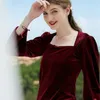 Women Velvet Pullovers Tops Purple Green Black Square Collar Long Sleeve Bottoming T-Shirt Autunm Winter Ladies Blouse 210608