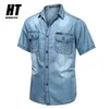 Светло-голубые мужские джинсовые рубашки с коротким рукавом тонкие хлопковые тонкие эластичные джинсы лето высокого качества рубашка 210626