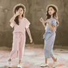 Summer School Girls Outfits Ruffle Sleeve Tops and Wide Leg Pants Korean Children Stripes Clothing Set 2 Piece Sets for Kids 12Y 210622