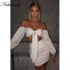 Nattemaid Bow Tie Crop Top och kjolar 2 stycken Set Kvinnor Långärmad Solid Två Piece Set Sexy Off Shoulder Bodycon Outfits 2021 Y0625