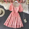 Kimutomo Vintage Printing Dresses Women French Style Summer Female V-neck Puff Short Sleeve Slim Waist Chiffon Vestido 210521