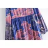 Bohemia bandaj bağlama yaka mavi uzay ay çiçek baskı elbise boho kadın uzun kollu maxi tatil elbiseler plaj 210429