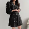 Nomikuma Elegant Mesh Patchwork Puff Sleeve Women Dress Korean Notched Collar Double Breasted Dresses New Vestidos 6F457 210427