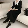 韓国のエレガントなカラーブロックの女性ロングドレスフルスリーブピーターパンカラープリーツドレスビンテージファッションレディースVestidos Femme 210513