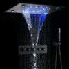 Matte Black Waterfall Thermostatic LED Rain Shower System 14 X 20 Inch Rectangle Luxury Ceil Mounted Head Bathroom Mixer Faucet Set