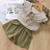 Menoea Children Sets Summer Style Kids Fly Sleeve Flower Sweatshirts+Pants With Belt Design 3-7Y Baby Girls Clothes Suits 210326