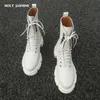 Bahar Dantel-Up Ayak Bileği Botları Kadınlar Kalın Alt Yuvarlak Toe Orijinal Deri Siyah Beyaz All-Match Platform Ayakkabı 211105 GAI