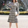 Casual Dresses Retro Suit Dress Female 2022 Spring Style Professional OL Double Breasted Slim Plaid Pleated R10
