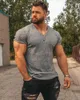 Men V Neck Short Sleeve T Shirt Fitness Slim Fit Sports Strips T-shirt Male Solid Fashion Tees Tops Summer Knitted Gym Clothing Y0809