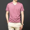 Luxo Alta Qualidade Verão Silk Mulberry Silk V Líder Slim Slim de Manga Curta T-shirt Fina Gelo Confortável T-shirt dos homens 210531