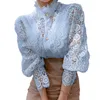 Soporte de manga de pétalos Cuello hueco hacia fuera de encaje de flores Remiendo camisa Femme Blusas All-Match Women Lace Blusa Blusa Blanco Top 12419