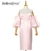 Off Shoulder Pink Dress For Women Strapless Puff Sleeve High Waist Midi Elegant Dresses Female Fashion Clothes 210520